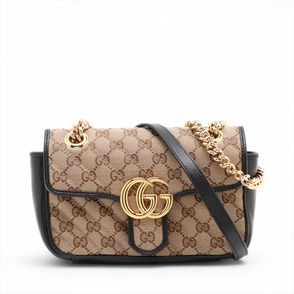 Gucci GG Canvas GG Marmont canvas x leather Chain Shoulder Bag Beige x black 446